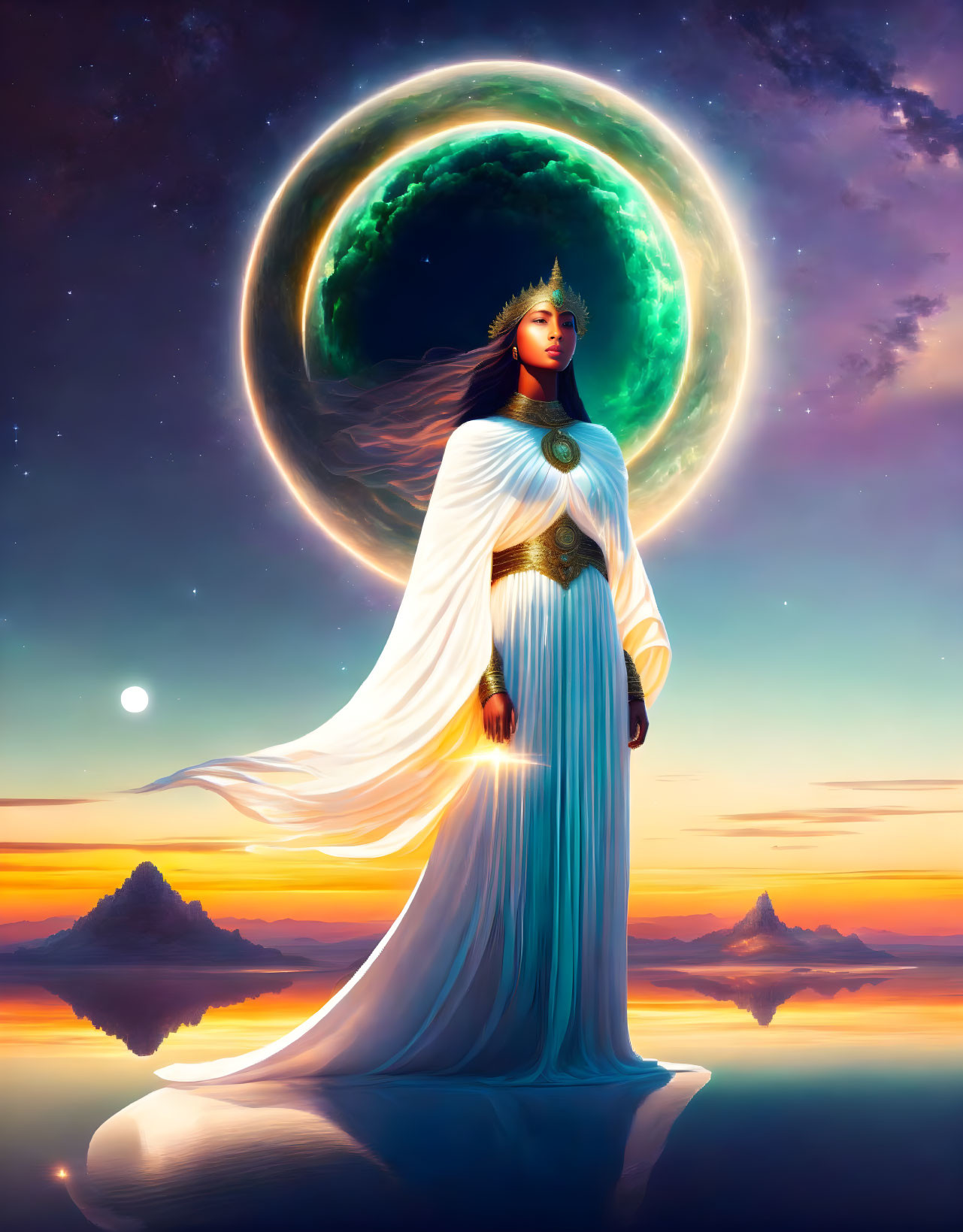 Regal woman in white dress before green moonrise at sunset