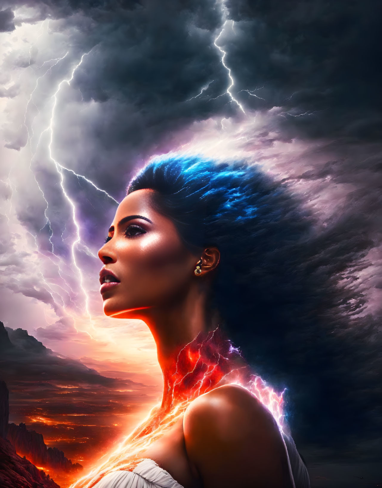 Woman with Vibrant Blue Hair Under Stormy Sky: Powerful and Mystical Profile