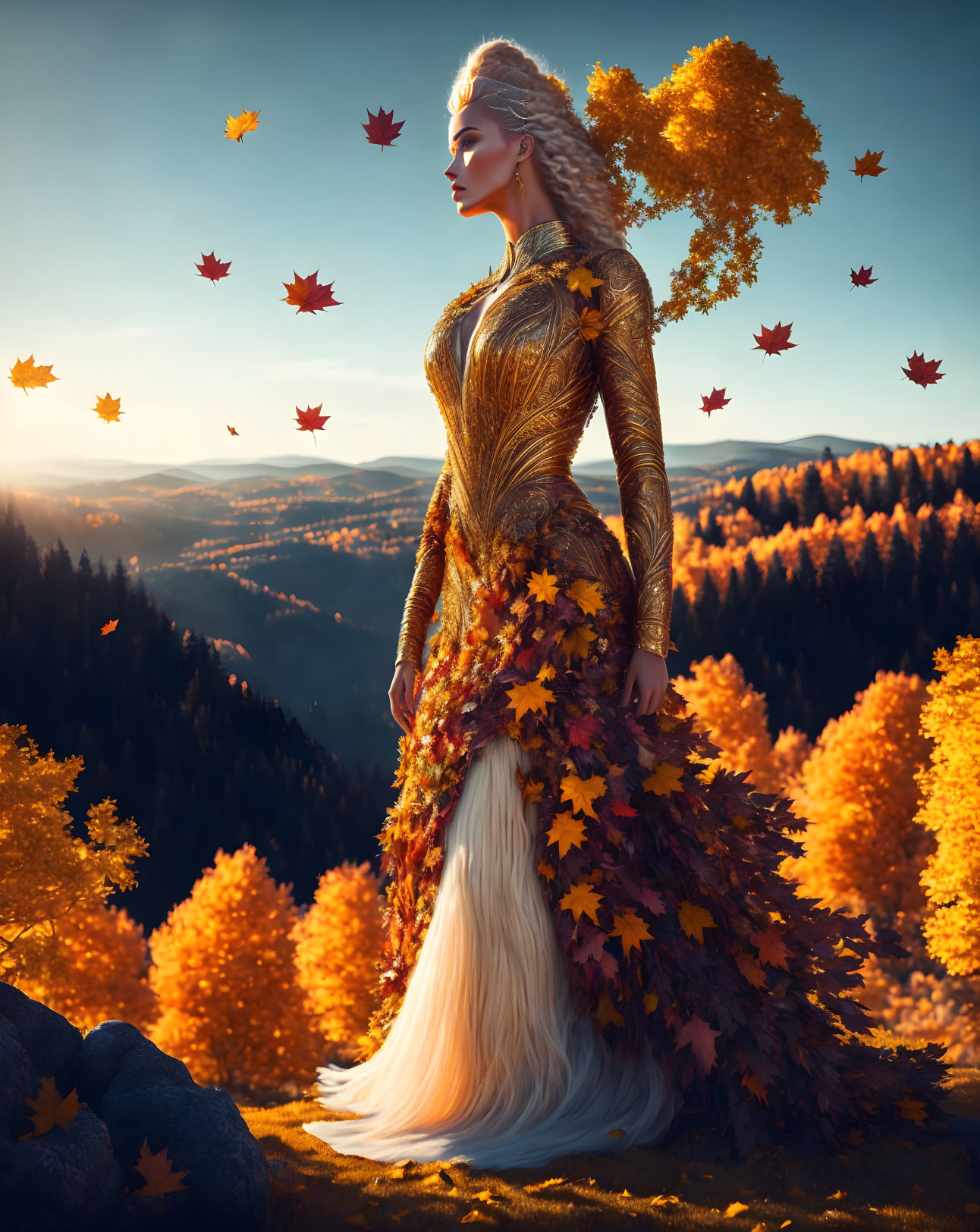 Autumn-themed fantasy figure in serene forest landscape