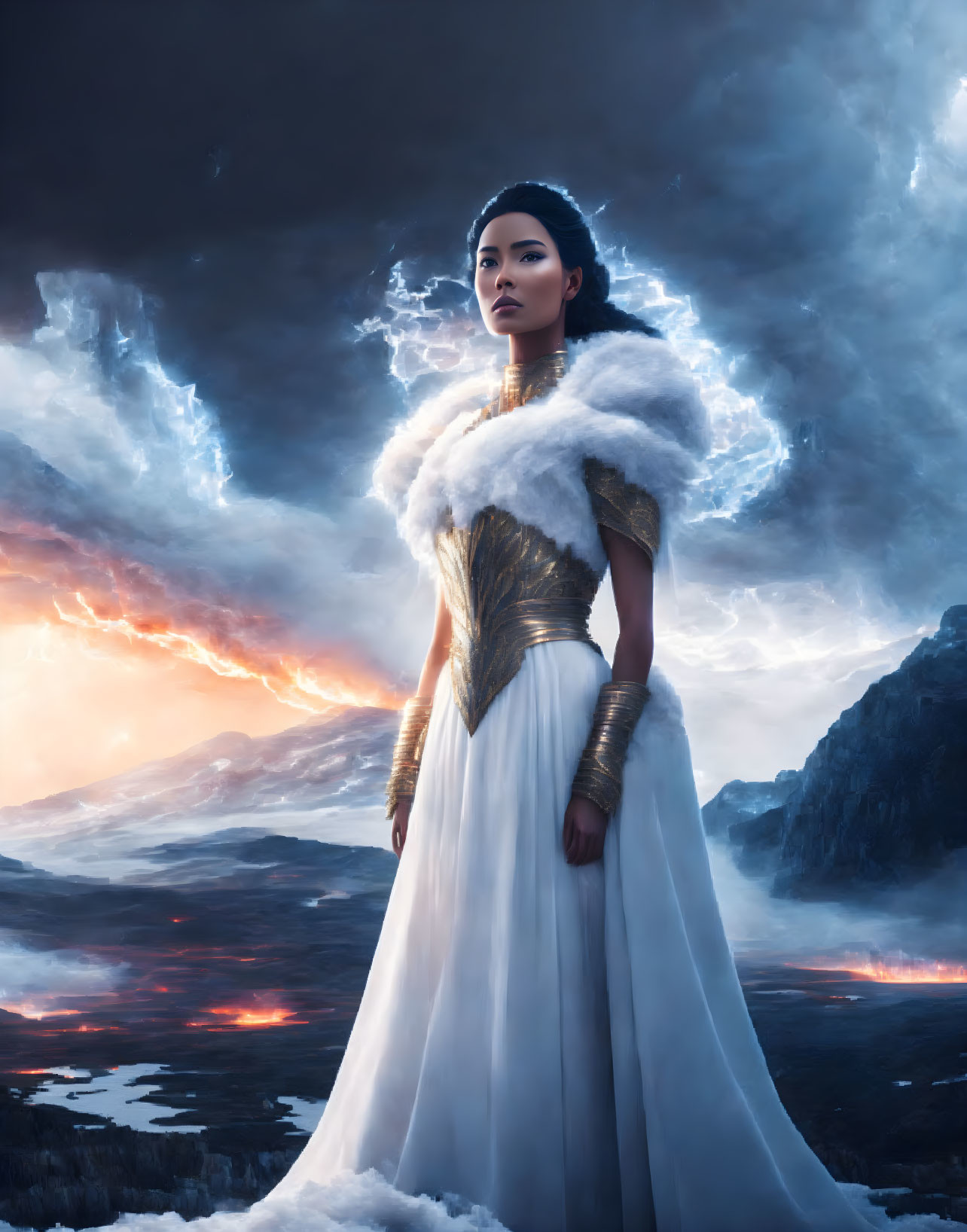 Majestic woman in white and gold dress against stormy sky and volcanic landscape