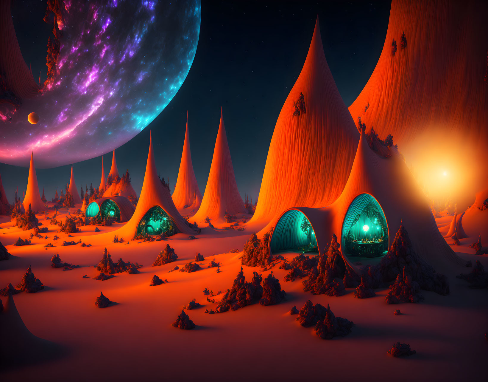 Alien landscape with conical structures, moon, stars, and sunset