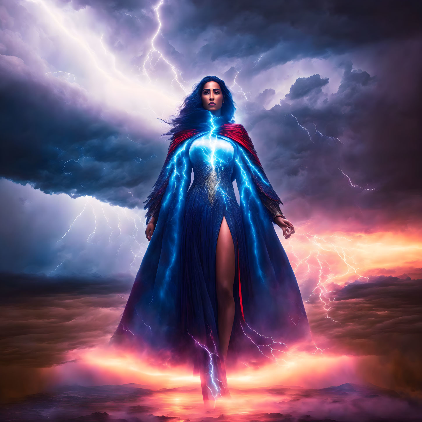 Majestic figure in flowing cape against lightning-filled skies