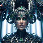 Futuristic female android with intricate headdress and green lights