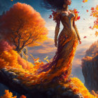 Majestic woman in golden dress on cliff with waterfall view