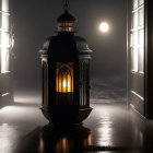 Vintage lantern casting warm glow in misty, moonlit scene