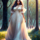 Woman in white off-shoulder dress walking in sunlit forest with distant figures