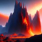 Volcanic landscape with glowing lava streams and towering mountains under a red sky