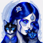 Blue-themed woman and cats with ornate designs on a mandala background