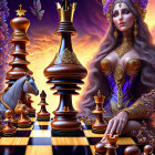 Regal woman with jeweled crown beside oversized chessboard and butterfly.