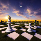 Surreal chessboard landscape with oversized pieces under twilight sky