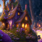 Whimsical illuminated treehouse in enchanted forest scene