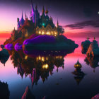 Illuminated trees on floating islands at sunset with purple sky and planets