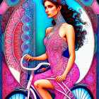 Colorful portrait of woman with wavy hair in pink dress on bicycle with peacock feather motifs.