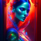 Digital artwork featuring woman with neon blue and red lighting and intricate floral patterns