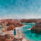 Solitary Figure Observing Canyon with Turquoise Water and Blue Sky