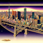 Futuristic cityscape panorama with skyscrapers and bridges at sunrise or sunset