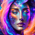 Surrealist portrait blending woman's face with cosmic elements