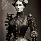 Monochromatic image of woman in Victorian-era attire with steampunk hairstyle