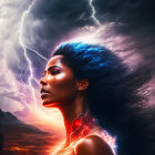 Woman with Vibrant Blue Hair Under Stormy Sky: Powerful and Mystical Profile