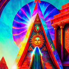 Colorful digital artwork of figure by cosmic pyramid and ancient temple