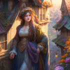 Medieval-style woman on balcony overlooking sunlit village