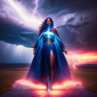 Majestic figure in flowing cape against lightning-filled skies