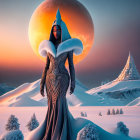 Mystical woman in hooded cloak under giant moon in snowy twilight