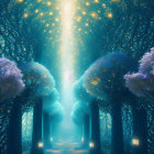 Enchanted forest with glowing orbs and radiant light source