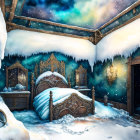 Winter bedroom scene with open roof, starry sky, snow-covered furniture.