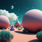 Surreal landscape featuring pink spheres, teal plants, lavender sky, moon, and birds