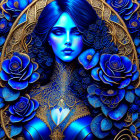 Blue-skinned woman with golden filigree and blue roses in mystical portrait