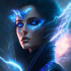 Digital artwork of woman with glowing blue eyes and electricity-like energy in dark, nebulous background