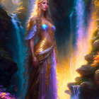 Ethereal woman in gold-accented robes near waterfall