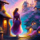 Woman in purple dress overlooking village at twilight