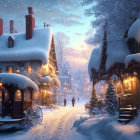 Snow-covered village with illuminated houses, horse-drawn carriage, and people walking at twilight.