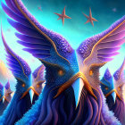 Digital artwork of mystical birds with cosmic wings in dreamy sky