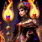 Victorian gothic costume woman with crown and torches in fiery background