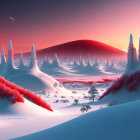 Snow-covered landscape with crimson foliage, spiky ice formations, red sky, setting sun, small