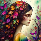 Woman's portrait with leaves and butterflies in vibrant autumn setting