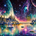 Colorful cosmic painting of serene lake, boats, trees, starry sky, nebulae.