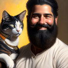 Bearded man smiling with black and white cat on warm backdrop