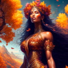 Digital Artwork: Woman with Autumn Leaves in Hair and Golden Armor in Fall Landscape