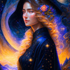 Mystical woman with starry cloak and hat in cosmic setting