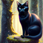 Black Cat with Blue Eyes in Mystical Forest with Butterflies