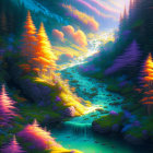 Fantasy landscape with sparkling river, luminous flora, and dreamy sky