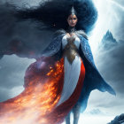 Fantastical female warrior in majestic armor against stormy sky