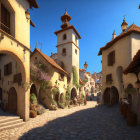 Traditional European village street with cobblestone pathways, arches, balconies, and residents.