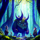 Vibrant Blue and Green Fantastical Forest with Mythical Creatures