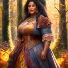 Regal Renaissance-style woman in autumn forest portrait