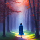 Person in Blue Cloak on Forest Path Among Misty Trees with Orange Leaves